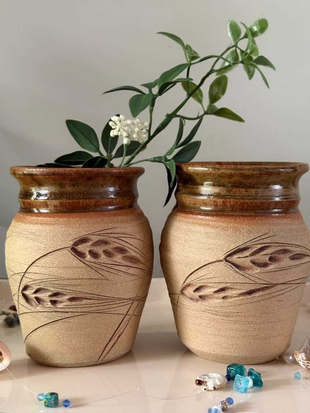 Handmade Studio Pottery Vases set of Two Signed Wheat Design